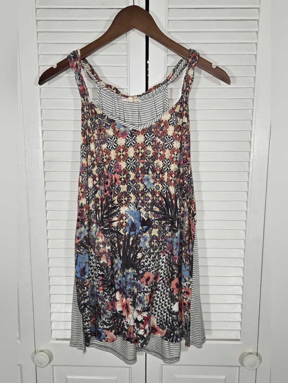Mystree Mixed Pattern Boho Tunic Patchwork Floral Striped Sleeveless Tank Sz L